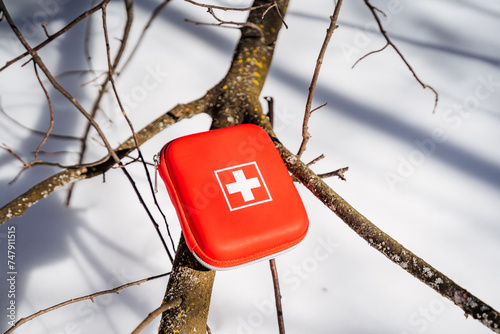 A red first aid kit dangles from a tree branch on a snowy winter day