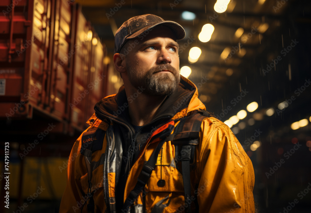 Portrait of man in yellow jacket and cap in the warehouse