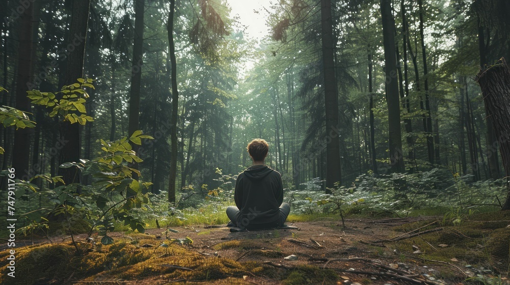 Fototapeta premium Guided meditation session in a serene forest, evergreen content for year-round mental clarity.