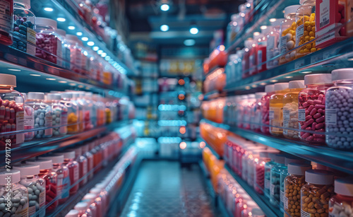 Lot of colorful capsules and bottles with medicines on the shelves in the pharmacy