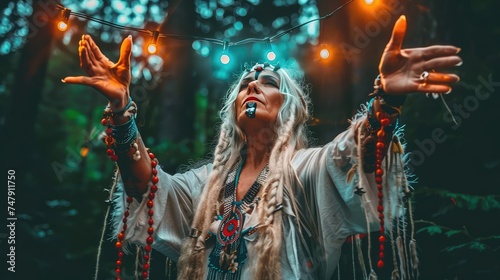 A woman shaman performs a magical ritual in the forest.