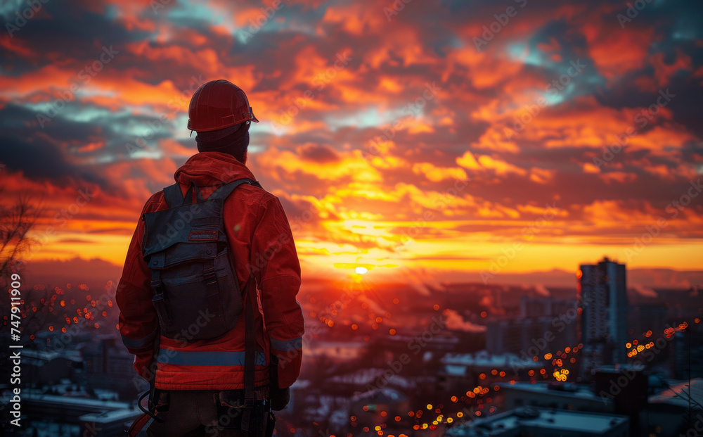 Worker looking at the sunset Worker looking at the sunset