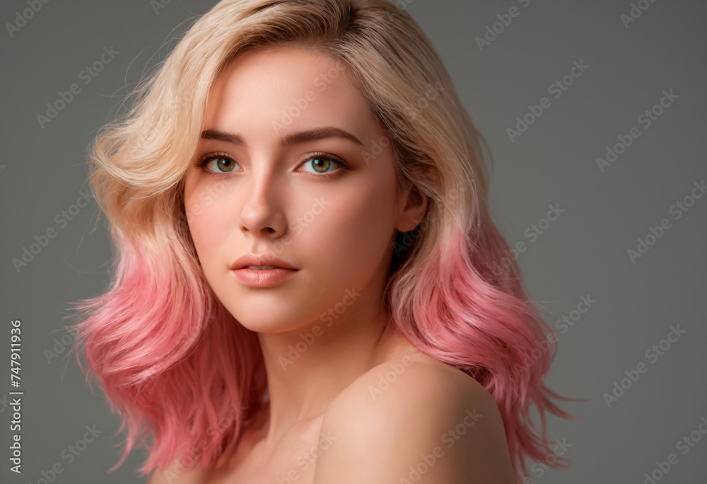 A woman with blonde hair and pink hair stands in a bright room. She is looking directly at the camera, showcasing her colorful hairstyle.