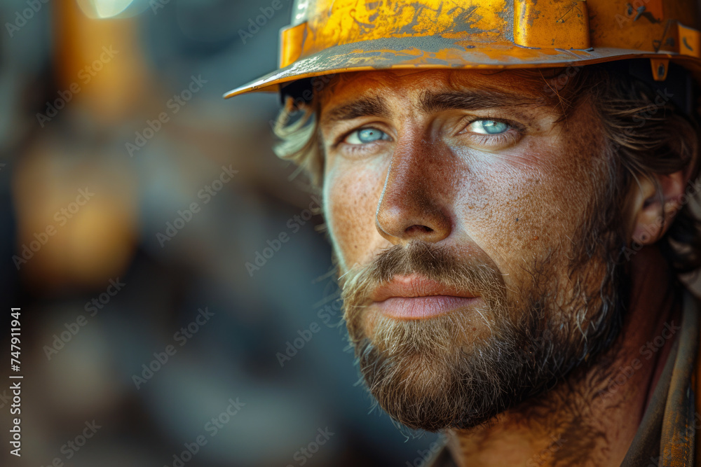 Portrait of young worker in helmet at construction site. Portrait of young worker in helmet at construction site.