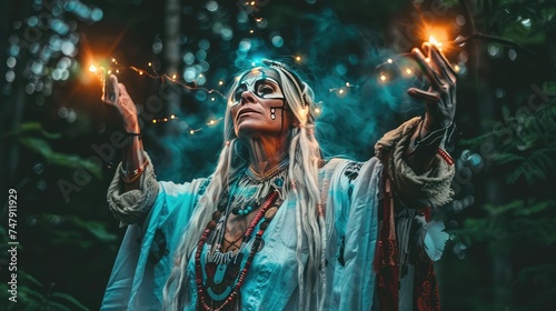 A woman shaman performs a magical ritual in the forest.