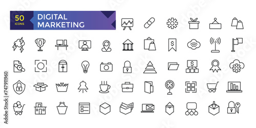 Digital Marketing web icons in line style. Social, networks, feedback, communication, marketing, ecommerce.