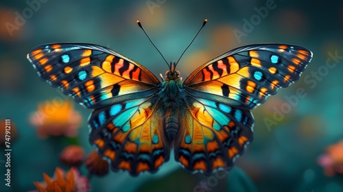 butterfly in mid-flight, with wings  kaleidoscope of colors