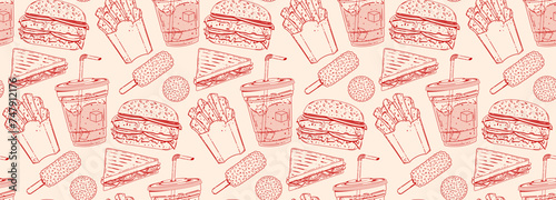Seamless abstract fast food pattern in vintage linear style. Vector handmade background in sketch style. For restaurant menu, street food advertising, special offer.