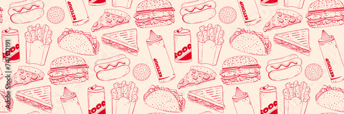 Seamless fast food pattern in retro style. Vector linear illustration drawn by hands in sketch style. Background for restaurant menu, cafe, advertisement.