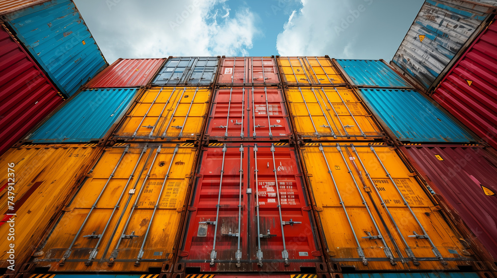Fototapeta premium Cargo container stack with blue sky background, freight transportation concept.