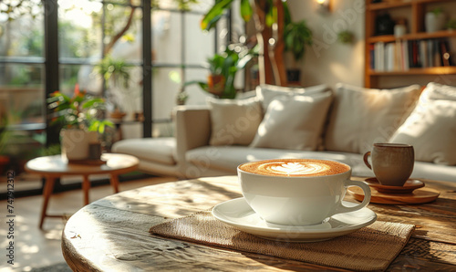 Cup of hot latte art coffee put on wooden table and sofa in living room with sunlight in morning