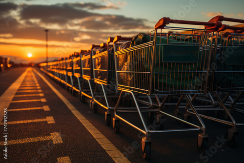 Shopping carts are lined up in row in the parking lot of supermarket against the backdrop of the setting sun. photo