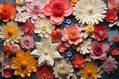Flowers created by cutting paper and putting them together to form a variety of beautiful flowers.