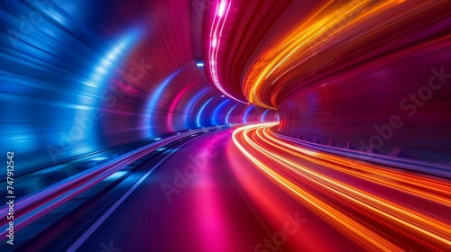 An electrifying long exposure shot capturing the essence of speed with red and blue light trails swirling through a city tunnel.