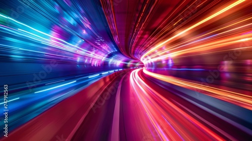 Vibrant long exposure photo of colorful light trails streaming through a modern city tunnel.