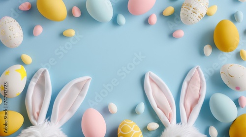 A festive Easter composition featuring whimsical bunny ears and an assortment of pastel-colored eggs scattered on a soft blue background