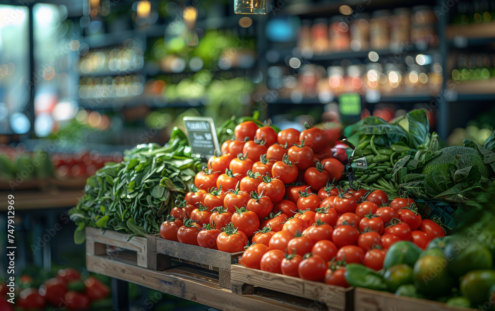 Fresh tomatoes and green vegetables on the shelves in the supermarket