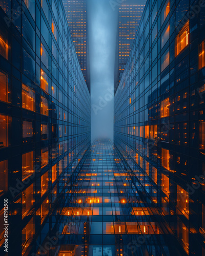 Modern glass skyscrapers in the fog