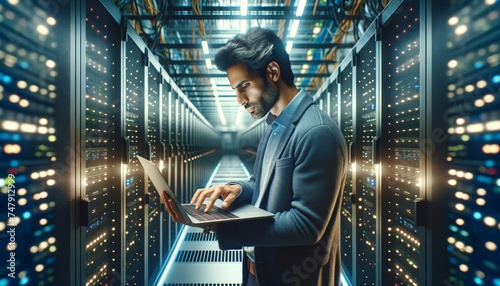 Technologist in the Data Center: A focused man in a suit works diligently on his laptop, surrounded by rows of humming servers in a futuristic data center