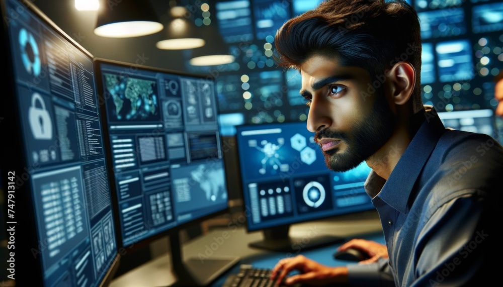 Cybersecurity Specialist: A focused hacker diligently monitors security systems, ensuring digital safety with vigilance Cybersecurity Specialist: A focused hacker diligently monitors security systems, ensuring digital safety with vigilance