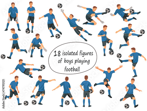 Teenage team figures of junior boy football players and goalkeepers in blue T-shirts in various poses jumping  running  catching the ball on a white background