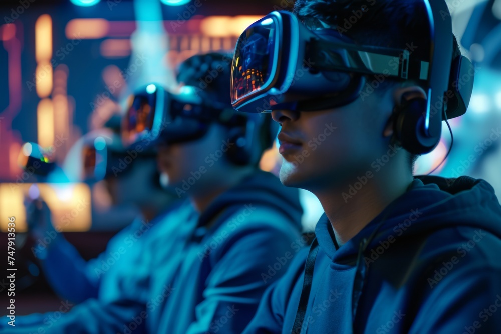 A group of gamers wears VR headsets, deeply immersed in a thrilling virtual adventure illuminated by vibrant neon lights. A group of gamers wears VR headsets, deeply immersed in a thrilling virtual adventure illuminated by vibrant neon lights.