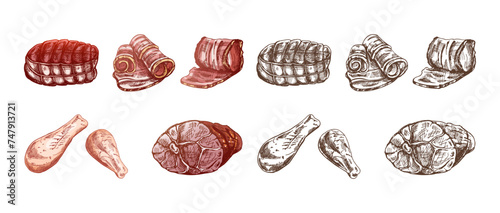 Set of hand-drawn colored and monochrome sketches of meat pieces, beef steak, ham, pork, chicken. Fresh raw meat products. For design of menu, butcher shop. Vintage engraved.