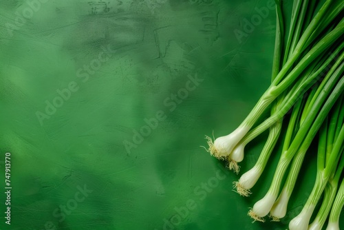 Farm fresh organic garleek on green textured background. Pile of raw garleek. New green vegetable. photo