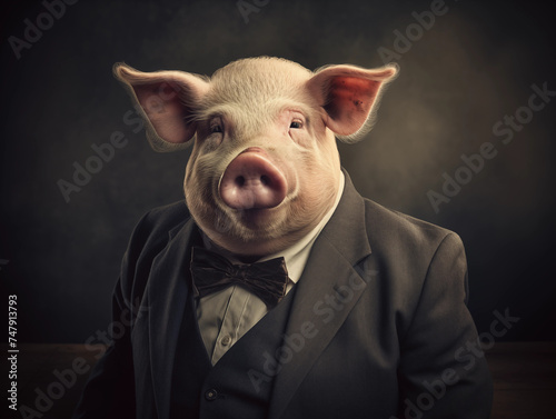 Portrait of pig head man wearing suit, vintage style