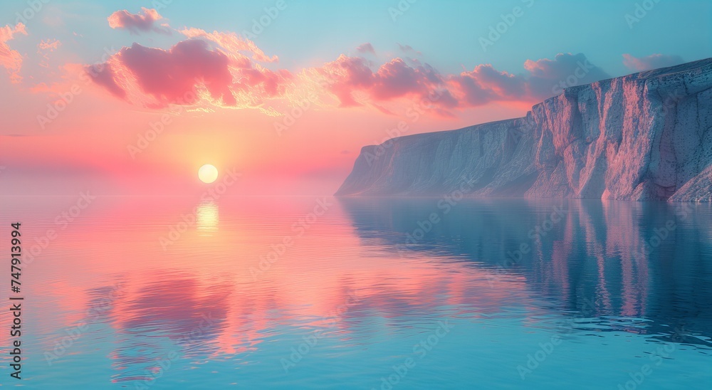 Fototapeta premium Pink clouds with glowing circle sunset background