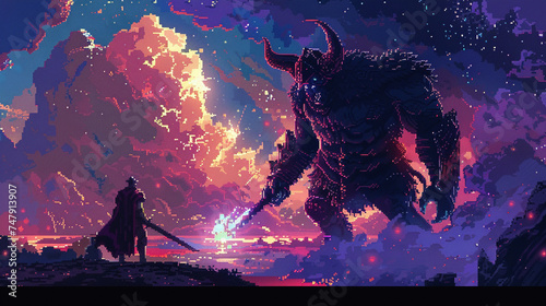 Pixel art Minotaur clashes with a Knight under a cosmic sky photo