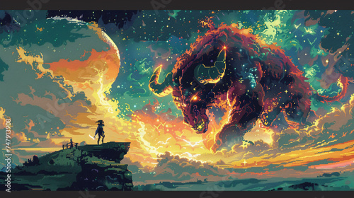 Pixel art Minotaur clashes with a Knight under a cosmic sky photo