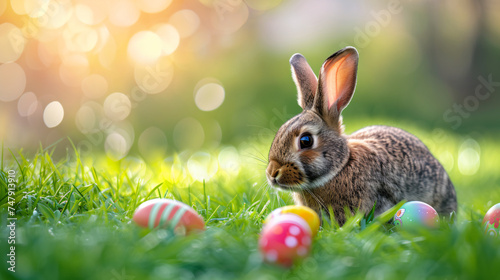 Easter bunny on green grass with eggs. © Liza