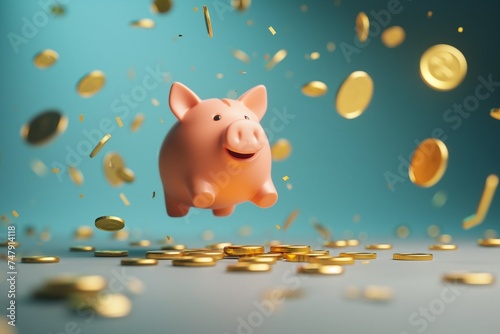 A cute piggy bank in the air among the falling gold coins