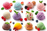 Collection of various ice cream scoops on a white background. Each is filmed separately. Blueberries and raspberries, nuts and mint leaves.