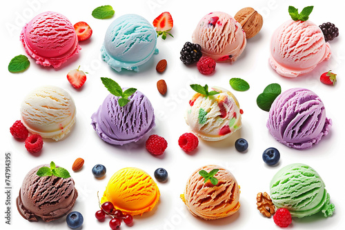 Collection of various ice cream scoops on a white background. Each is filmed separately. Blueberries and raspberries, nuts and mint leaves. photo