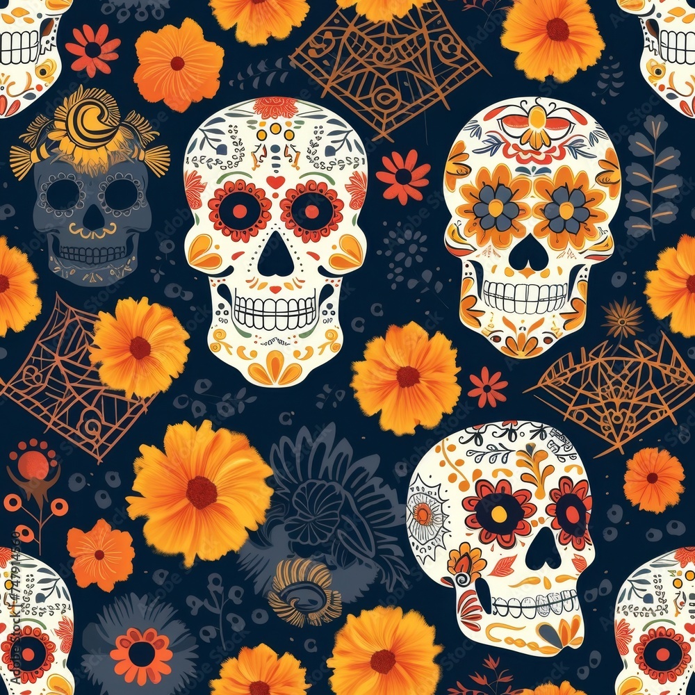 Colorful Day of the Dead Seamless Pattern with Intricate Sugar Skulls and Flowers on Navy Background. Colorful Day of the Dead Seamless Pattern with Intricate Sugar Skulls and Flowers on Navy Background.