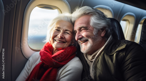 Joyful senior couple travelling by plane, holiday vacation concept © dvoevnore