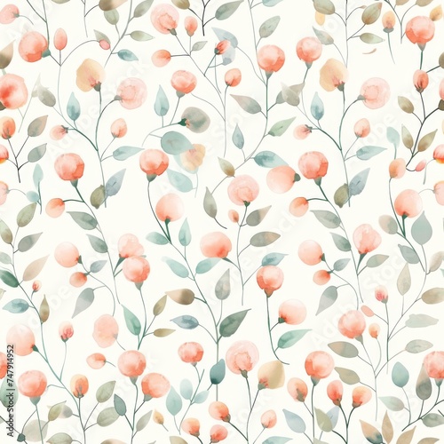 Watercolor orbs and leaves in radiant red and orangeade colors form a seamless pattern  invoking the whimsy of desert blooms.