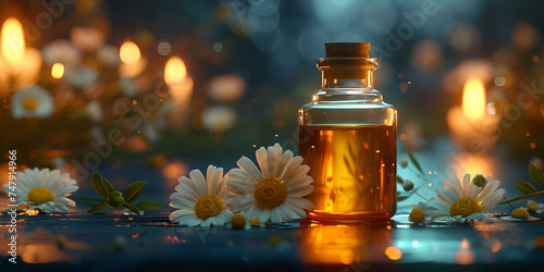 A bottle of perfume with daisies on a reflected surface with flowers and defocused dark background with candles Ai Generative