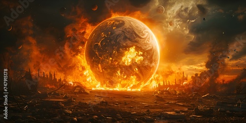 Apocalyptic Earth engulfed in flames symbolizing destruction and environmental devastation. Concept Environmental Devastation, Apocalyptic Earth, Flames of Destruction, Symbolic Imagery