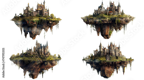 Collection of magical casle in floating island on transparent background © Dodoodle