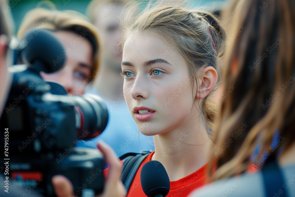 A young female athlete communicates with journalists and gives interviews - obrazy, fototapety, plakaty 
