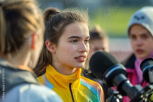 A young female athlete communicates with journalists and gives interviews © Vadim