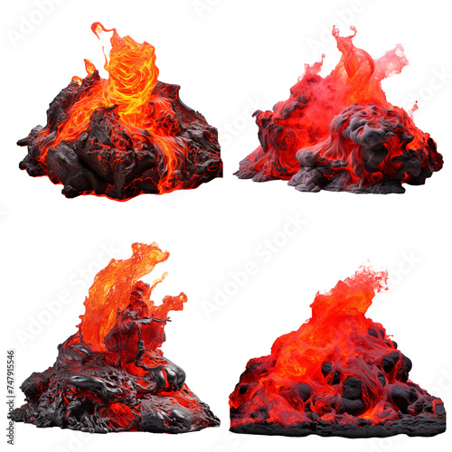 Set of hot lava rock on transparent background