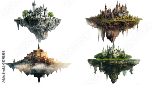 Collection of magical casle in floating island on transparent background
