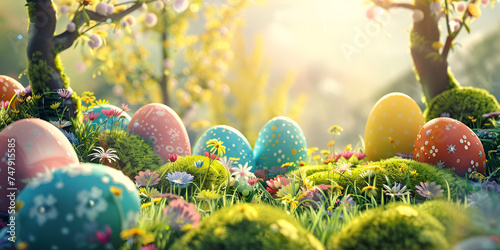 Easter greeting background illustration ai generative,Easter background with decorated Easter eggs on a green meadow in the spring season