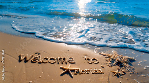 Beach scene where the sand meets the surf with welcome to Florida engraved in the sand with starfish and waves at sunset photo