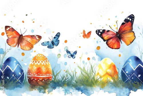 Colorful Easter Eggs and Vivid Butterflies on a Pastel Watercolor Background.