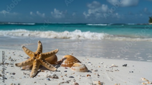 Starfish and seashells on white sand with crystal clear turquoise water under a sunny sky.